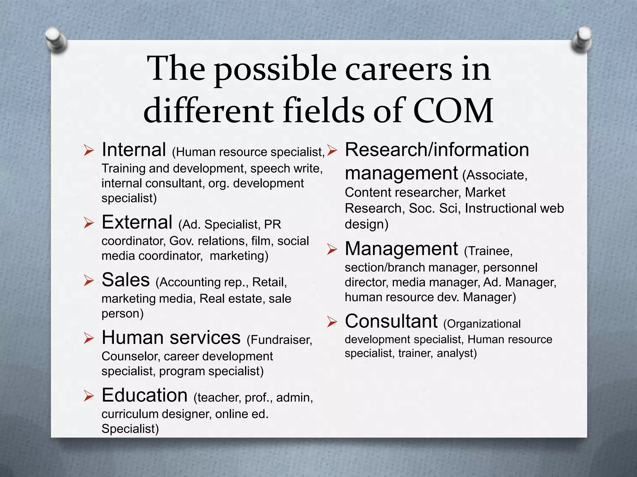 The possible careers in
different fields of COM
 Internal (Human resource specialist,
Training and development, speech write,
internal consultant, org. development
specialist)
 External (Ad. Specialist, PR
coordinator, Gov. relations, film, social
media coordinator, marketing)
 Sales (Accounting rep., Retail,
marketing media, Real estate, sale
person)
 Human services (Fundraiser,
Counselor, career development
specialist, program specialist)
 Education (teacher, prof., admin,
curriculum designer, online ed.
Specialist)
 Research/information
management (Associate,
Content researcher, Market
Research, Soc. Sci, Instructional web
design)
 Management (Trainee,
section/branch manager, personnel
director, media manager, Ad. Manager,
human resource dev. Manager)
 Consultant (Organizational
development specialist, Human resource
specialist, trainer, analyst)
 