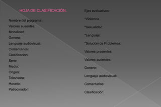 Ejes evaluativos:*Violencia*Sexualidad*Lenguaje:*Solución de Problemas:Valores presentes:Valores ausentes:Genero:Lenguaje audiovisual:Comentarios:Clasificación:HOJA DE CLASIFICACIÓN.Nombre del programa:                     Valores ausentes:                            Modalidad:Genero:Lenguaje audiovisual:Comentarios:Clasificación:Serie:Medio:Origen:Televisora:Horario:Patrocinador: