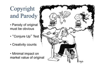 52 
Copyright 
and Parody 
• Parody of original 
must be obvious 
• “Conjure Up” Test 
• Creativity counts 
• Minimal impact on 
market value of original 
 