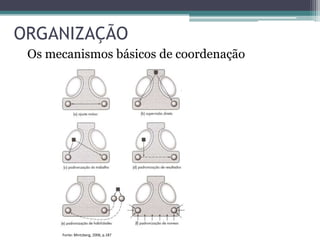 ORGANIZAÇÃO
Os mecanismos básicos de coordenação
Fonte: Mintzberg, 2006, p.187
 