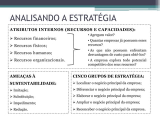 ANALISANDO A ESTRATÉGIA
ATRIBUTOS INTERNOS (RECURSOS E CAPACIDADES):
 Recursos financeiros;
 Recursos físicos;
 Recursos humanos;
 Recursos organizacionais.
• Agregam valor?
• Quantas empresas já possuem esses
recursos?
• As que não possuem enfrentam
desvantagem de custo para obtê-los?
• A empresa explora todo potencial
competitivo dos seus recursos?
AMEAÇAS À
SUSTENTABILIDADE:
 Imitação;
 Substituição;
 Impedimento;
 Redução.
CINCO GRUPOS DE ESTRATÉGIA:
 Localizar o negócio principal da empresa;
 Diferenciar o negócio principal da empresa;
 Elaborar o negócio principal da empresa;
 Ampliar o negócio principal da empresa;
 Reconceber o negócio principal da empresa.
 