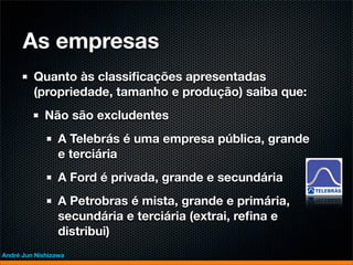 As empresas
         Quanto às classiﬁcações apresentadas
         (propriedade, tamanho e produção) saiba que:
             Não são excludentes
                 A Telebrás é uma empresa pública, grande
                 e terciária
                 A Ford é privada, grande e secundária
                 A Petrobras é mista, grande e primária,
                 secundária e terciária (extrai, reﬁna e
                 distribui)
André Jun Nishizawa
 