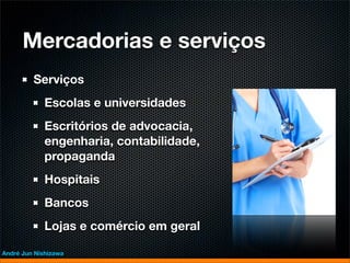 Mercadorias e serviços
         Serviços
             Escolas e universidades
             Escritórios de advocacia,
             engenharia, contabilidade,
             propaganda
             Hospitais
             Bancos
             Lojas e comércio em geral

André Jun Nishizawa
 