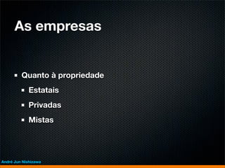 As empresas


         Quanto à propriedade
             Estatais
             Privadas
             Mistas




André Jun Nishizawa
 
