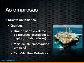 As empresas
         Quanto ao tamanho
             Grandes
                 Grande porte e volume
                 de recursos (instalações,
                 capital, colaboradores)
                 Mais de 500 empregados
                 em geral
                 Ex.: Vale, Itaú, Petrobras

André Jun Nishizawa
 