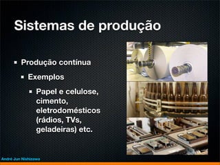 Sistemas de produção

         Produção contínua
             Exemplos
                 Papel e celulose,
                 cimento,
                 eletrodomésticos
                 (rádios, TVs,
                 geladeiras) etc.


André Jun Nishizawa
 