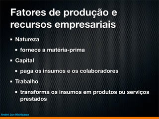 Fatores de produção e
      recursos empresariais
         Natureza
             fornece a matéria-prima
         Capital
             paga os insumos e os colaboradores
         Trabalho
             transforma os insumos em produtos ou serviços
             prestados

André Jun Nishizawa
 