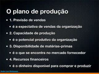 O plano de produção
         1. Previsão de vendas
             é a expectativa de vendas da organização
         2. Capacidade de produção
             é o potencial produtivo da organização
         3. Disponibilidade de matérias-primas
             é o que se encontra no mercado fornecedor
         4. Recursos ﬁnanceiros
             é o dinheiro disponível para comprar e produzir
André Jun Nishizawa
 