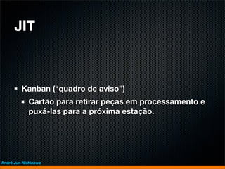 JIT



         Kanban (“quadro de aviso”)
             Cartão para retirar peças em processamento e
             puxá-las para a próxima estação.




André Jun Nishizawa
 