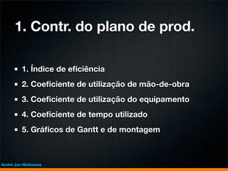 1. Contr. do plano de prod.

         1. Índice de eﬁciência
         2. Coeﬁciente de utilização de mão-de-obra
         3. Coeﬁciente de utilização do equipamento
         4. Coeﬁciente de tempo utilizado
         5. Gráﬁcos de Gantt e de montagem



André Jun Nishizawa
 