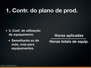 1. Contr. do plano de prod.


         3. Coef. de utilização
         de equipamento             Horas aplicadas
             Semelhante ao de     Horas totais de equip.
             mdo, mas para
             equipamentos.




André Jun Nishizawa
 