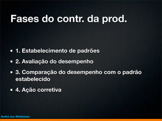 Fases do contr. da prod.


         1. Estabelecimento de padrões
         2. Avaliação do desempenho
         3. Comparação do desempenho com o padrão
         estabelecido
         4. Ação corretiva



André Jun Nishizawa
 