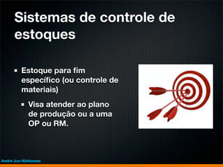 Sistemas de controle de
      estoques

         Estoque para ﬁm
         especíﬁco (ou controle de
         materiais)
             Visa atender ao plano
             de produção ou a uma
             OP ou RM.



André Jun Nishizawa
 