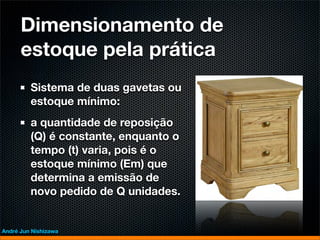Dimensionamento de
      estoque pela prática
         Sistema de duas gavetas ou
         estoque mínimo:
         a quantidade de reposição
         (Q) é constante, enquanto o
         tempo (t) varia, pois é o
         estoque mínimo (Em) que
         determina a emissão de
         novo pedido de Q unidades.


André Jun Nishizawa
 