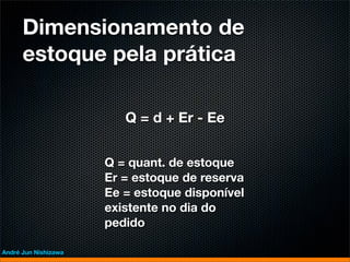 Dimensionamento de
      estoque pela prática

                         Q = d + Er - Ee


                      Q = quant. de estoque
                      Er = estoque de reserva
                      Ee = estoque disponível
                      existente no dia do
                      pedido

André Jun Nishizawa
 