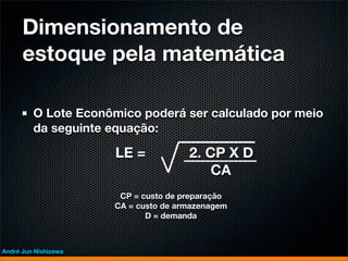 Dimensionamento de
      estoque pela matemática

         O Lote Econômico poderá ser calculado por meio
         da seguinte equação:

                      LE =            2. CP X D
                                          CA
                       CP = custo de preparação
                      CA = custo de armazenagem
                             D = demanda



André Jun Nishizawa
 