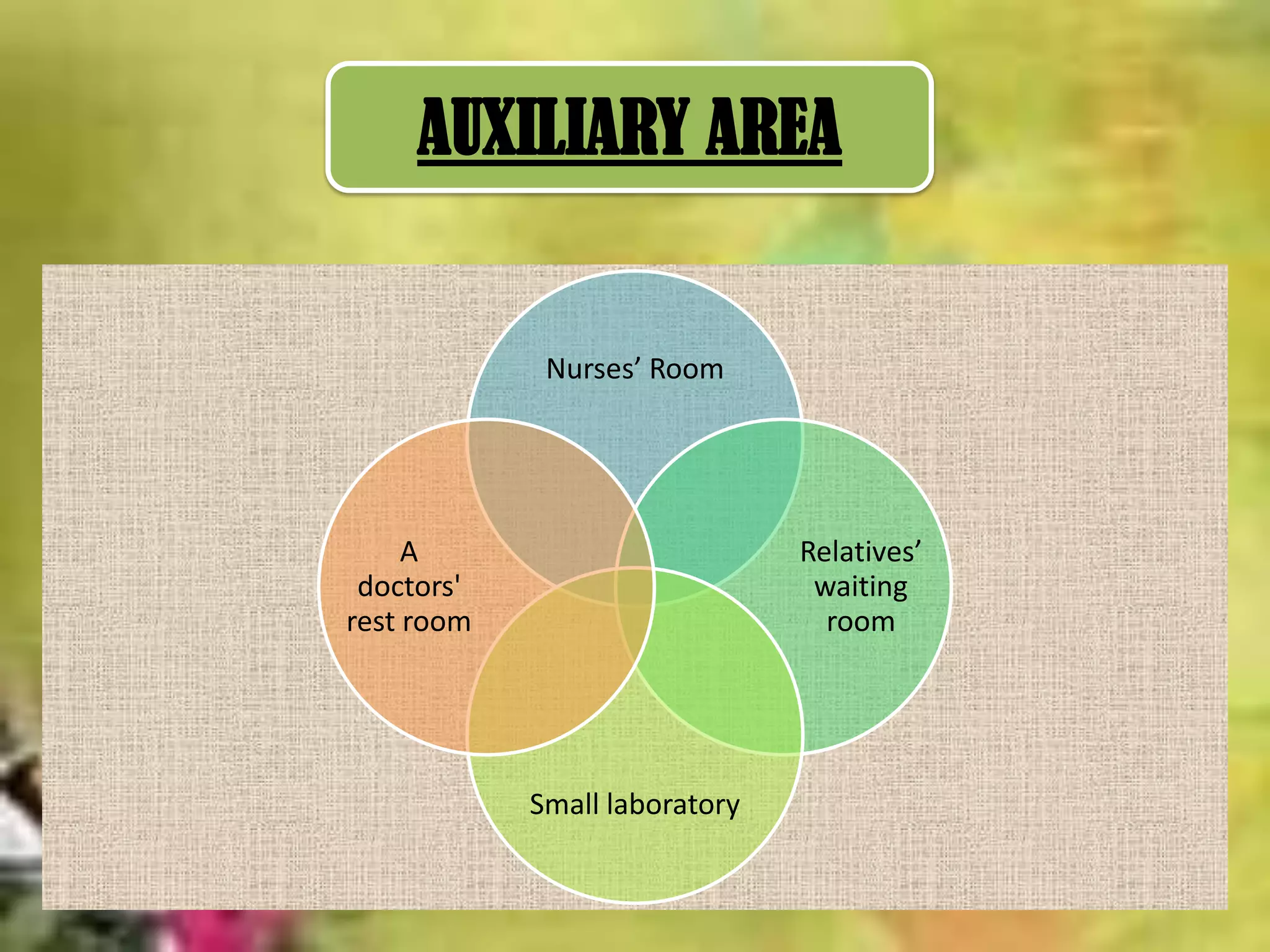 AUXILIARY AREA

Nurses’ Room

A
doctors'
rest room

Relatives’
waiting
room

Small laboratory

 