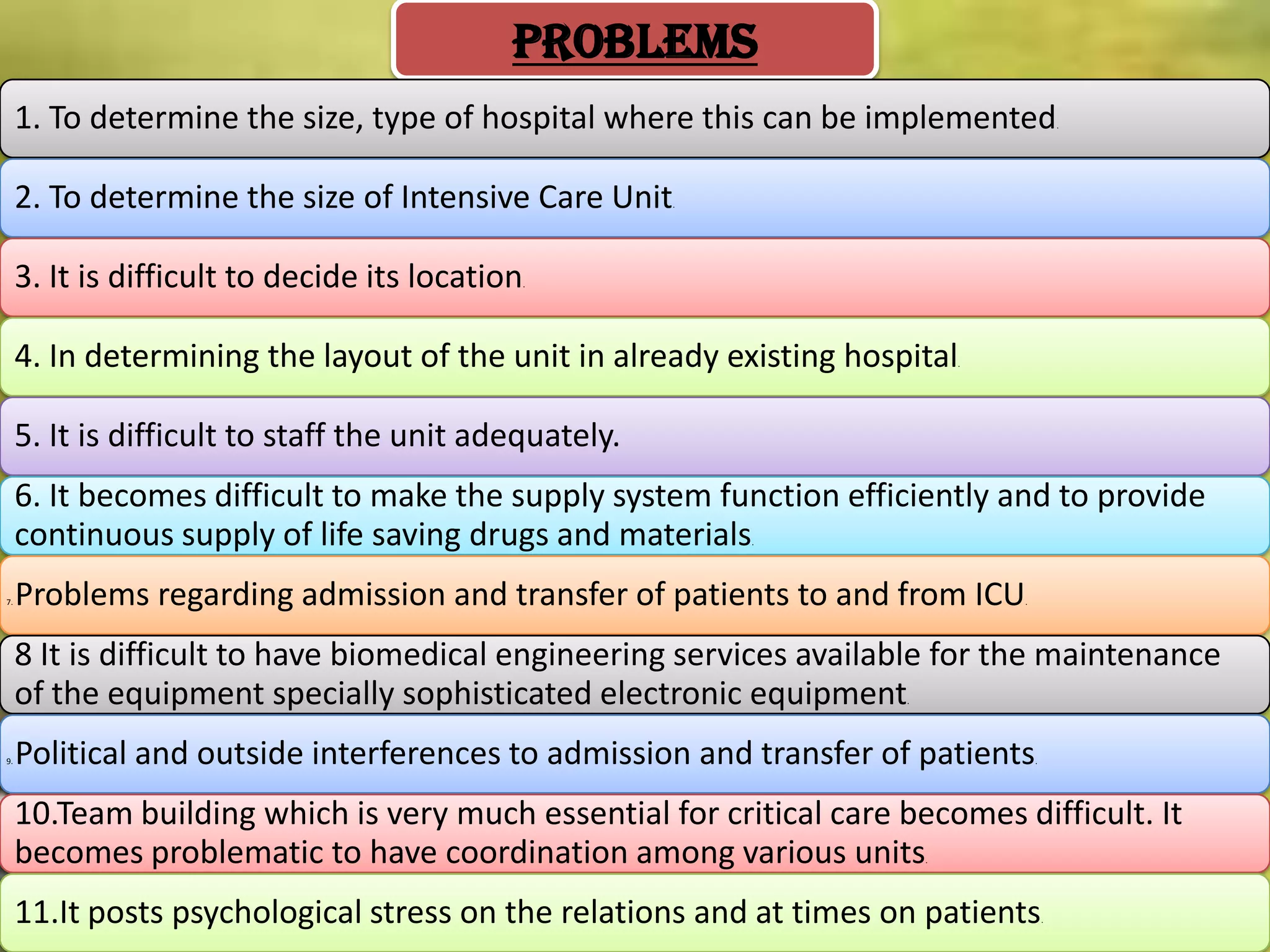 PROBLEMS
1. To determine the size, type of hospital where this can be implemented
2. To determine the size of Intensive Care Unit
3. It is difficult to decide its location

.

.

.

4. In determining the layout of the unit in already existing hospital

.

5. It is difficult to staff the unit adequately.

6. It becomes difficult to make the supply system function efficiently and to provide
continuous supply of life saving drugs and materials
.

7.

Problems regarding admission and transfer of patients to and from ICU

.

8 It is difficult to have biomedical engineering services available for the maintenance
of the equipment specially sophisticated electronic equipment
.

9.

Political and outside interferences to admission and transfer of patients

.

10.Team building which is very much essential for critical care becomes difficult. It
becomes problematic to have coordination among various units
.

11.It posts psychological stress on the relations and at times on patients

.

 