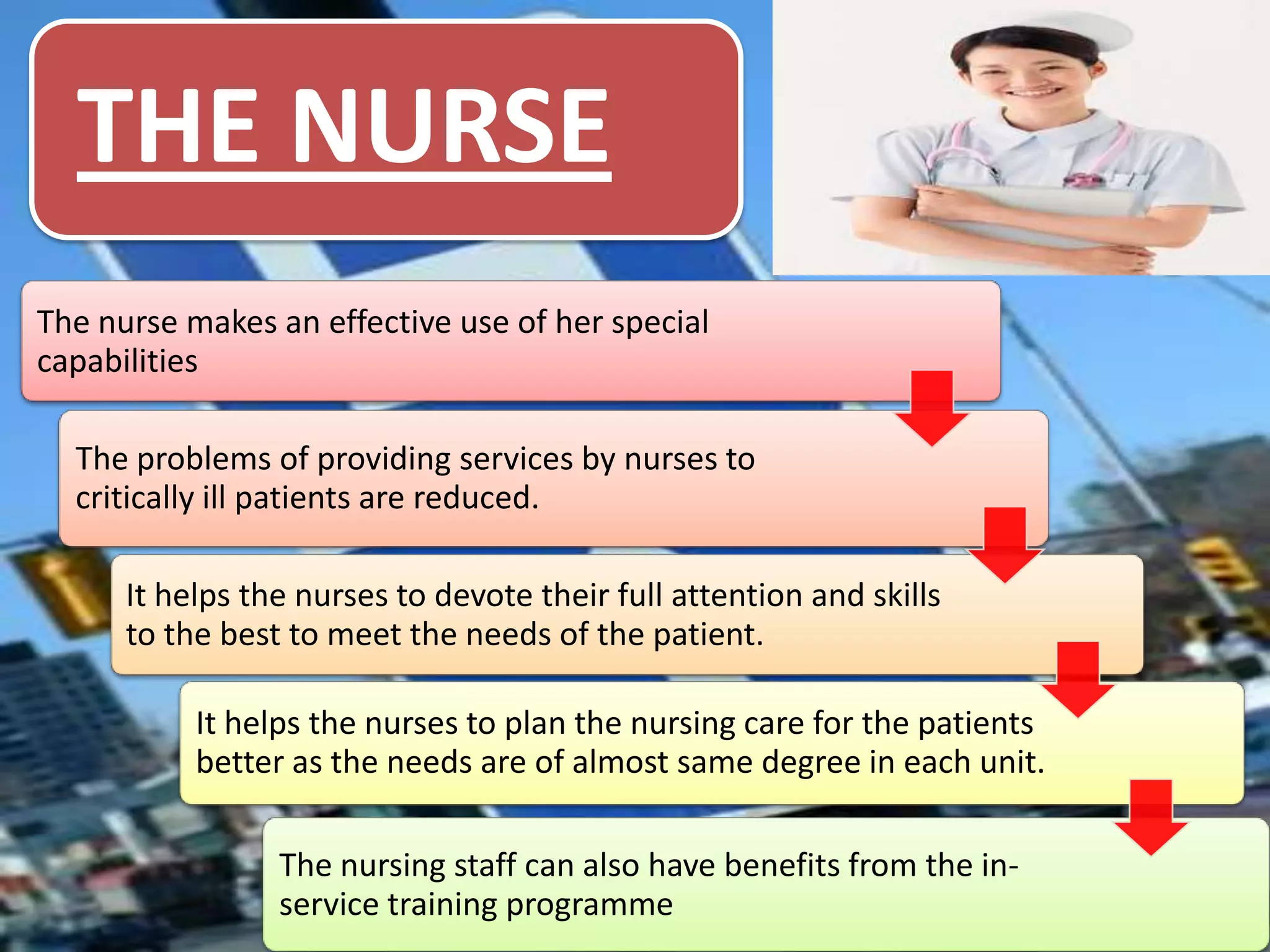 THE NURSE
The nurse makes an effective use of her special
capabilities
The problems of providing services by nurses to
critically ill patients are reduced.
It helps the nurses to devote their full attention and skills
to the best to meet the needs of the patient.
It helps the nurses to plan the nursing care for the patients
better as the needs are of almost same degree in each unit.
The nursing staff can also have benefits from the inservice training programme

 