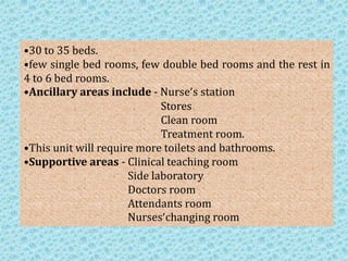 •30 to 35 beds.
•few single bed rooms, few double bed rooms and the rest in
4 to 6 bed rooms.
•Ancillary areas include - Nurse’s station
Stores
Clean room
Treatment room.
•This unit will require more toilets and bathrooms.
•Supportive areas - Clinical teaching room
Side laboratory
Doctors room
Attendants room
Nurses’changing room

 