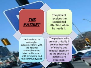The
Patient:

The patient
receives the
specialized
attention when
he needs it.

he is assisted in
making his
adjustment first with
the hospital
atmosphere and
later on his return
with tr.'« home and
the community; and

The patients who
are not critically ill
are not deprived
of nursing and
medical attention
as the critically ill
patients are
separated.

 