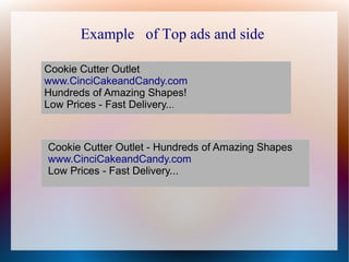 Example of Top ads and side

Cookie Cutter Outlet
www.CinciCakeandCandy.com
Hundreds of Amazing Shapes!
Low Prices - Fast ...