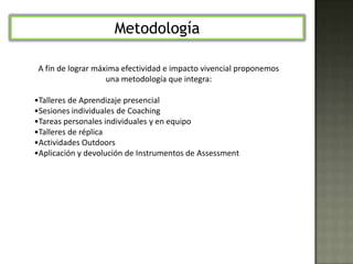 El “Desarrollo del Dominio Personal” capacita a los líderes en la autodisciplina requerida para encarnar los valores que posibilitan llevar a individuos y equipos al máximo de su potencial.