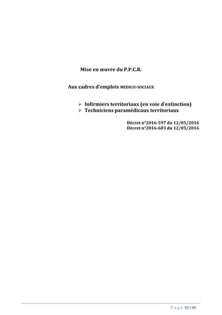 P a g e 53 | 95
Mise en œuvre du P.P.C.R.
Aux cadres d’emplois MEDICO-SOCIAUX
 Infirmiers territoriaux (en voie d’extinction)
 Techniciens paramédicaux territoriaux
Décret n°2016-597 du 12/05/2016
Décret n°2016-603 du 12/05/2016
 