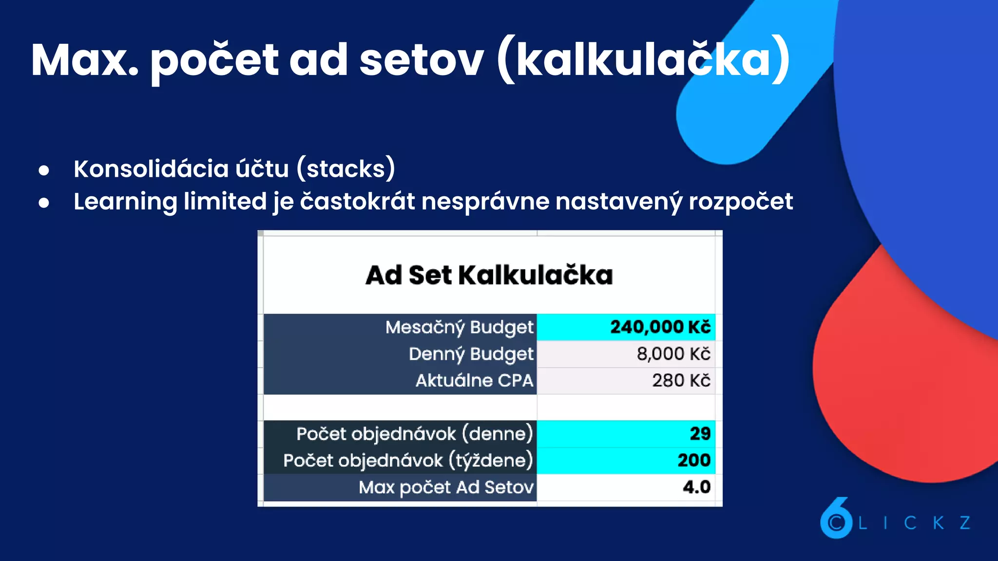 Max. počet ad setov (kalkulačka)
● Konsolidácia účtu (stacks)
● Learning limited je častokrát nesprávne nastavený rozpočet
 