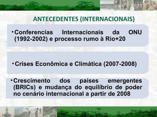 ANTECEDENTES (INTERNACIONAIS) Crises Econômica e Climática (2007-2008) Crescimento dos países emergentes (BRICs) e mudança do equilíbrio de poder no cenário internacional a partir de 2008 Conferencias Internacionais da ONU (1992-2002) e processo rumo à Rio+20 