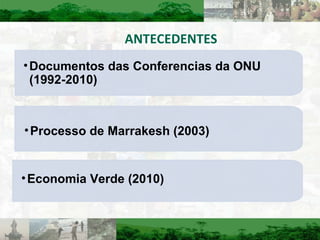 ANTECEDENTES Processo de Marrakesh (2003) Economia Verde (2010) Documentos das Conferencias da ONU (1992-2010) 
