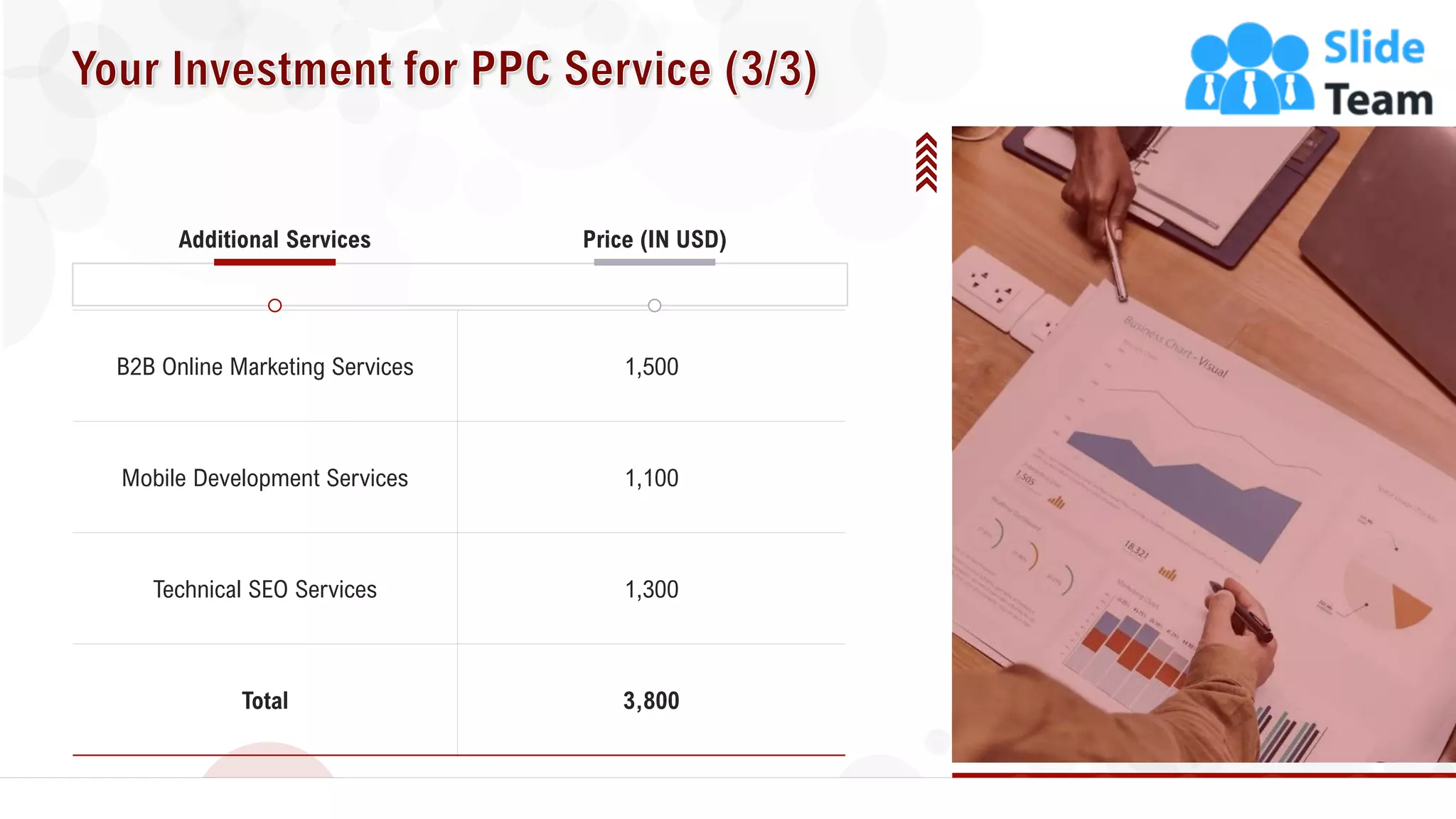 13
B2B Online Marketing Services 1,500
Mobile Development Services 1,100
Technical SEO Services 1,300
Total 3,800
Price (IN USD)Additional Services
 