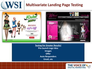 Multivariate Landing Page Testing
Testing For Greater Results!
Pre-launch Logo Idea
Images
Offer
Auto Responders
Email, etc
 