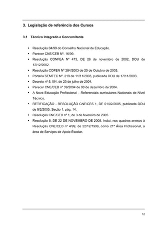 12
3. Legislação de referência dos Cursos
3.1 Técnico Integrado e Concomitante
Resolução 04/99 do Conselho Nacional de Educação.
Parecer CNE/CEB Nº. 16/99.
Resolução CONFEA Nº 473, DE 26 de novembro de 2002, DOU de
12/12/2002.
Resolução COFEN Nº 284/2003 de 20 de Outubro de 2003.
Portaria SEMTEC Nº. 219 de 11/11/2003, publicada DOU de 17/11/2003.
Decreto nº 5.154, de 23 de julho de 2004.
Parecer CNE/CEB nº 39/2004 de 08 de dezembro de 2004.
A Nova Educação Profissional – Referenciais curriculares Nacionais de Nível
Técnico.
RETIFICAÇÃO - RESOLUÇÃO CNE/CES 1, DE 01/02/2005, publicada DOU
de 9/2/2005, Seção 1, pág. 14.
Resolução CNE/CEB nº 1, de 3 de fevereiro de 2005.
Resolução 5, DE 22 DE NOVEMBRO DE 2005. Inclui, nos quadros anexos à
Resolução CNE/CEB nº 4/99, de 22/12/1999, como 21ª Área Profissional, a
área de Serviços de Apoio Escolar.
 