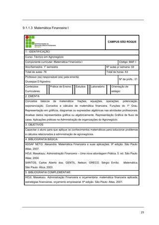 23
9.1.1.3 Matemática Financeira I
CAMPUS SÃO ROQUE
1 - IDENTIFICAÇÃO
Curso: Técnico em Agronegócio
Componente curricular: Matemática Financeira I Código: MAF I
Ano/Semestre: 1
o
semestre Nº aulas p/ semana: 04
Total de aulas: 76 Total de horas: 63
Professor (es) responsável (eis) pela ementa:
Giuseppe D’Agostino
Nº de profs.: 01
Conteúdos
Curriculares:
Prática de Ensino: Estudos: Laboratório: Orientação de
estágio:
2. EMENTA
Conceitos básicos de matemática: frações, equações, operações, potenciação,
exponenciação. Conceitos e cálculos de matemática financeira. Funções do 1º Grau.
Representação em gráficos, diagramas ou expressões algébricas nas atividades profissionais.
Analisar dados representados gráfica ou algebricamente. Representação Gráfica de fluxo de
caixa. Aplicações práticas na Administração de organizações do Agronegócio.
3. OBJETIVOS
Capacitar o aluno para que aplique os conhecimentos matemáticos para solucionar problemas
e cálculos relacionados à administração de agronegócios.
4. BIBLIOGRAFIA BÁSICA:
ASSAF NETO, Alexandre. Matemática Financeira e suas aplicações. 9ª edição. São Paulo:
Atlas, 2007.
HOJI, Masakazu. Administração Financeira – Uma nova abordagem Prática. 5. ed. São Paulo:
Atlas; 2004.
SANTOS, Carlos Aberto dos; GENTIL, Nelson; GRECO, Sérgio Emílio. Matemática.
São Paulo: Ática; 2003.
5. BIBLIOGRAFIA COMPLEMENTAR:
HOJI, Masakazu. Administração Financeira e orçamentária: matemática financeira aplicada,
estratégias financeiras, orçamento empresarial. 6ª edição. São Paulo: Atlas, 2007.
 