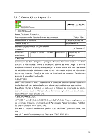 25
9.1.1.5 Ciências Aplicada à Agropecuária
CAMPUS SÃO ROQUE
1 – IDENTIFICAÇÃO
Curso: Técnico em Agronegócio
Componente curricular: Ciências Aplicada à Agropecuária Código: CAA
Ano/Semestre: 1
o
semestre Nº aulas p/ semana: 04
Total de aulas: 76 Total de horas: 63
Professor (es) responsável (eis) pela ementa:
Vítor Brum
Nº de profs.: 01
Conteúdos
Curriculares:
Prática de Ensino: Estudos: Laboratório: Orientação de
estágio:
2. EMENTA
Amostragem de Solo. Calagem e gessagem. Aspectos fitotécnicos relativos aos tratos
culturais e fitossanitários: adubos e adubações, controle de mato, pragas e doenças.
Exigências nutricionais e adubações.Interpretação de análise de solo e de folha. Reconhecer
os elementos químicos essenciais e suas funções. Diagnosticar sintomas de deficiência e
toxidez dos nutrientes. Classificar as fontes de fornecimento de nutrientes. Caracterizar o
processo de absorção e translocação.
3. OBJETIVOS
Geral: Disponibilizar ao aluno conhecimentos e habilidades necessários para a correção e
adubação do solo para poder estabelecer as culturas na comunidade rural onde vai atuar.
Específicos: Corrigir a fertilidade do solo com a finalidade de implantação de plantas
economicamente produtivas. Manejar culturas de interesse regional visando produtividade e
retorno financeiro para o produtor rural.
4. BIBLIOGRAFIA BÁSICA:
ALVARES V. V.H.; DIAS, L.E.; RIBEIRO, C.A.; SOUZA, R.B. de. Recomendação para o uso
de corretivos e fertilizantes em Minas Gerais: 5. Aproximação. Viçosa: Comissão de Fertilidade
do Solo do Estado de Minas Gerais, 1999.
ANDREI, E. Compêndio de defensivos agrícolas. 5. ed. São Paulo: Organização Andrei, 1996.
506 p.
GALLO, D.; et al. Entomologia agrícola. Piracicaba: FEALQ, 2002. 920 p.
 