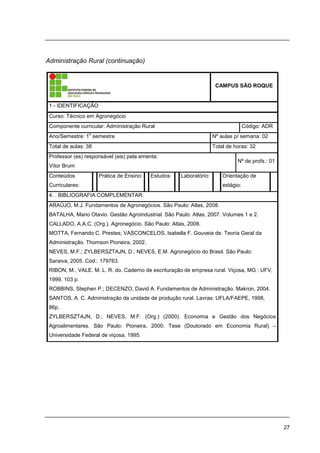 27
Administração Rural (continuação)
CAMPUS SÃO ROQUE
1 - IDENTIFICAÇÃO
Curso: Técnico em Agronegócio
Componente curricular: Administração Rural Código: ADR
Ano/Semestre: 1
o
semestre Nº aulas p/ semana: 02
Total de aulas: 38 Total de horas: 32
Professor (es) responsável (eis) pela ementa:
Vítor Brum
Nº de profs.: 01
Conteúdos
Curriculares:
Prática de Ensino: Estudos: Laboratório: Orientação de
estágio:
4. . BIBLIOGRAFIA COMPLEMENTAR:
ARAÚJO, M.J. Fundamentos de Agronegócios. São Paulo: Atlas, 2008.
BATALHA, Mario Otavio. Gestão Agroindustrial. São Paulo: Atlas, 2007. Volumes 1 e 2.
CALLADO, A.A.C. (Org.). Agronegócio. São Paulo: Atlas, 2008.
MOTTA, Fernando C. Prestes; VASCONCELOS, Isabella F. Gouveia de. Teoria Geral da
Administração. Thomson Pioneira, 2002.
NEVES, M.F.; ZYLBERSZTAJN, D.; NEVES, E.M. Agronegócio do Brasil. São Paulo:
Saraiva, 2005. Cód.: 179763.
RIBON, M., VALE. M. L. R. do. Caderno de escrituração de empresa rural. Viçosa, MG : UFV,
1999, 103 p.
ROBBINS, Stephen P.; DECENZO, David A. Fundamentos de Administração. Makron, 2004.
SANTOS, A. C. Administração da unidade de produção rural. Lavras: UFLA/FAEPE, 1998,
86p.
ZYLBERSZTAJN, D.; NEVES, M.F. (Org.) (2000). Economia e Gestão dos Negócios
Agroalimentares. São Paulo: Pioneira, 2000. Tese (Doutorado em Economia Rural) –
Universidade Federal de viçosa, 1995.
 