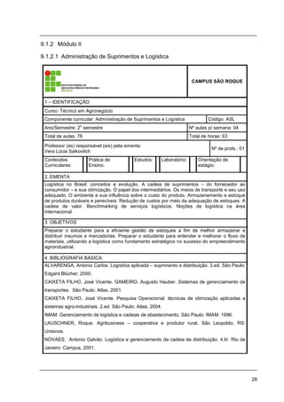 28
9.1.2 Módulo II
9.1.2.1 Administração de Suprimentos e Logística
CAMPUS SÃO ROQUE
1 – IDENTIFICAÇÃO
Curso: Técnico em Agronegócio
Componente curricular: Administração de Suprimentos e Logística Código: ASL
Ano/Semestre: 2
o
semestre Nº aulas p/ semana: 04
Total de aulas: 76 Total de horas: 63
Professor (es) responsável (eis) pela ementa:
Vera Lúcia Saikovitch
Nº de profs.: 01
Conteúdos
Curriculares:
Prática de
Ensino:
Estudos: Laboratório: Orientação de
estágio:
2. EMENTA
Logística no Brasil: conceitos e evolução. A cadeia de suprimentos – do fornecedor ao
consumidor – e sua otimização. O papel dos intermediários. Os meios de transporte e seu uso
adequado. O ambiente e sua influência sobre o custo do produto. Armazenamento e estoque
de produtos duráveis e perecíveis. Redução de custos por meio da adequação de estoques. A
cadeia de valor. Benchmarking de serviços logísticos. Noções de logística na área
internacional.
3. OBJETIVOS
Preparar o estudante para a eficiente gestão de estoques a fim de melhor armazenar e
distribuir insumos e mercadorias. Preparar o estudante para entender e melhorar o fluxo de
materiais, utilizando a logística como fundamento estratégico no sucesso do empreendimento
agroindustrial.
4. BIBLIOGRAFIA BÁSICA:
ALVARENGA, Antonio Carlos. Logística aplicada – suprimento e distribuição. 3.ed. São Paulo:
Edgard Blücher, 2000.
CAIXETA FILHO, José Vicente, GAMEIRO, Augusto Hauber. Sistemas de gerenciamento de
transportes. São Paulo: Atlas, 2001.
CAIXETA FILHO, José Vicente. Pesquisa Operacional: técnicas de otimização aplicadas a
sistemas agro-industriais. 2.ed. São Paulo: Atlas, 2004.
IMAM. Gerenciamento de logística e cadeias de abastecimento. São Paulo: IMAM. 1996.
LAUSCHNER, Roque. Agribusiness – cooperativa e produtor rural. São Leopoldo, RS:
Unisinos.
NOVAES, Antonio Galvão. Logística e gerenciamento da cadeia de distribuição. 4.tir. Rio de
Janeiro: Campus, 2001.
 