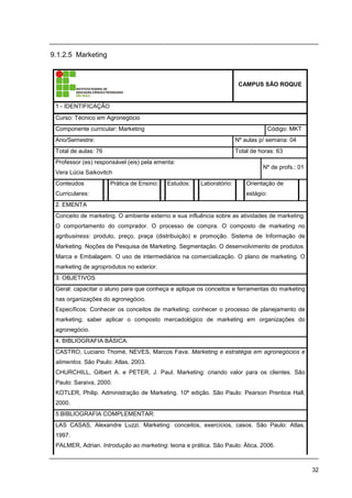 32
9.1.2.5 Marketing
CAMPUS SÃO ROQUE
1 - IDENTIFICAÇÃO
Curso: Técnico em Agronegócio
Componente curricular: Marketing Código: MKT
Ano/Semestre: Nº aulas p/ semana: 04
Total de aulas: 76 Total de horas: 63
Professor (es) responsável (eis) pela ementa:
Vera Lúcia Saikovitch
Nº de profs.: 01
Conteúdos
Curriculares:
Prática de Ensino: Estudos: Laboratório: Orientação de
estágio:
2. EMENTA
Conceito de marketing. O ambiente externo e sua influência sobre as atividades de marketing.
O comportamento do comprador. O processo de compra. O composto de marketing no
agribusiness: produto, preço, praça (distribuição) e promoção. Sistema de Informação de
Marketing. Noções de Pesquisa de Marketing. Segmentação. O desenvolvimento de produtos.
Marca e Embalagem. O uso de intermediários na comercialização. O plano de marketing. O
marketing de agroprodutos no exterior.
3. OBJETIVOS
Geral: capacitar o aluno para que conheça e aplique os conceitos e ferramentas do marketing
nas organizações do agronegócio.
Específicos: Conhecer os conceitos de marketing; conhecer o processo de planejamento de
marketing; saber aplicar o composto mercadológico de marketing em organizações do
agronegócio.
4. BIBLIOGRAFIA BÁSICA:
CASTRO, Luciano Thomé, NEVES, Marcos Fava. Marketing e estratégia em agronegócios e
alimentos. São Paulo: Atlas, 2003.
CHURCHILL, Gilbert A. e PETER, J. Paul. Marketing: criando valor para os clientes. São
Paulo: Saraiva, 2000.
KOTLER, Philip. Administração de Marketing. 10ª edição. São Paulo: Pearson Prentice Hall,
2000.
5.BIBLIOGRAFIA COMPLEMENTAR:
LAS CASAS, Alexandre Luzzi. Marketing: conceitos, exercícios, casos. São Paulo: Atlas,
1997.
PALMER, Adrian. Introdução ao marketing: teoria e prática. São Paulo: Ática, 2006.
 