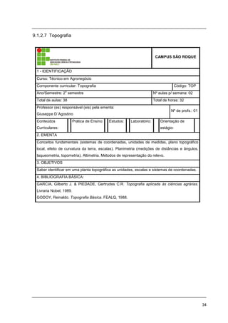 34
9.1.2.7 Topografia
CAMPUS SÃO ROQUE
1 - IDENTIFICAÇÃO
Curso: Técnico em Agronegócio
Componente curricular: Topografia Código: TOP
Ano/Semestre: 2
o
semestre Nº aulas p/ semana: 02
Total de aulas: 38 Total de horas: 32
Professor (es) responsável (eis) pela ementa:
Giuseppe D´Agostino
Nº de profs.: 01
Conteúdos
Curriculares:
Prática de Ensino: Estudos: Laboratório: Orientação de
estágio:
2. EMENTA
Conceitos fundamentais (sistemas de coordenadas, unidades de medidas, plano topográfico
local, efeito de curvatura da terra, escalas). Planimetria (medições de distâncias e ângulos,
taqueometria, topometria). Altimetria. Métodos de representação do relevo.
3. OBJETIVOS
Saber identificar em uma planta topográfica as unidades, escalas e sistemas de coordenadas.
4. BIBLIOGRAFIA BÁSICA:
GARCIA, Gilberto J. & PIEDADE, Gertrudes C.R. Topografia aplicada às ciências agrárias.
Livraria Nobel, 1989.
GODOY, Reinaldo. Topografia Básica. FEALQ, 1988.
 
