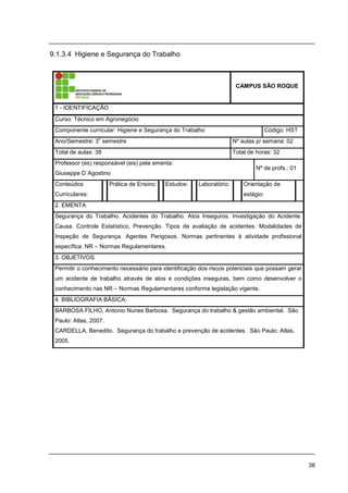 38
9.1.3.4 Higiene e Segurança do Trabalho
CAMPUS SÃO ROQUE
1 - IDENTIFICAÇÃO
Curso: Técnico em Agronegócio
Componente curricular: Higiene e Segurança do Trabalho Código: HST
Ano/Semestre: 3
o
semestre Nº aulas p/ semana: 02
Total de aulas: 38 Total de horas: 32
Professor (es) responsável (eis) pela ementa:
Giuseppe D´Agostino
Nº de profs.: 01
Conteúdos
Curriculares:
Prática de Ensino: Estudos: Laboratório: Orientação de
estágio:
2. EMENTA
Segurança do Trabalho. Acidentes do Trabalho. Atos Inseguros. Investigação do Acidente.
Causa. Controle Estatístico. Prevenção. Tipos de avaliação de acidentes. Modalidades de
Inspeção de Segurança. Agentes Perigosos. Normas pertinentes à atividade profissional
específica. NR – Normas Regulamentares.
3. OBJETIVOS
Permitir o conhecimento necessário para identificação dos riscos potenciais que possam gerar
um acidente de trabalho através de atos e condições inseguras, bem como desenvolver o
conhecimento nas NR – Normas Regulamentares conforme legislação vigente.
4. BIBLIOGRAFIA BÁSICA:
BARBOSA FILHO, Antonio Nunes Barbosa. Segurança do trabalho & gestão ambiental. São
Paulo: Atlas, 2007.
CARDELLA, Benedito. Segurança do trabalho e prevenção de acidentes. São Paulo: Atlas,
2005.
 