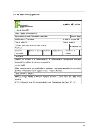 40
9.1.3.6 Mercado Agropecuário
CAMPUS SÃO ROQUE
1 - IDENTIFICAÇÃO
Curso: Técnico em Agronegócio
Componente curricular: Mercado Agropecuário Código: MAG
Ano/Semestre: 3
o
semestre Nº aulas p/ semana: 04
Total de aulas: 76 Total de horas: 63
Professor (es) responsável (eis) pela ementa:
Vítor Brum
Nº de profs.: 01
Conteúdos
Curriculares:
Prática de Ensino: Estudos: Laboratório: Orientação de
estágio:
2. EMENTA
Evolução do homem e a comercialização; a comercialização agropecuária; mercados
agropecuários; políticas de mercado agropecuário.
3. OBJETIVOS
Utilizar instrumentos na comercialização de produtos e insumos agropecuários, promovendo a
identificar políticas de mercado agropecuário na busca da eficiência.
4. BIBLIOGRAFIA BÁSICA:
BRANDT, Sérgio Alberto. O Mercado Agrícola Brasileiro. Livraria Nobel S.A., São Paulo,
SP,1979.
STEELE, Howard L. et al. Comercialização Agrícola. Editora Atlas, São Paulo, SP. 1971.
 