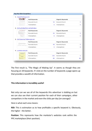 The first result is, "The Magic of Making Up". It seems as though they are
focusing on 34 keywords. if I click on the number of keywords a page opens up
that provides a wealth of information.



This information is incredibly useful!



Not only can we see all of the keywords this advertiser is bidding on but
we can also see their current position for each of their campaigns, other
competitors in the market and even the clicks per day (on average)!

Here is what each area means:

ROI: This is estimation as to how profitable a specific keyword is. Obviously,
the higher - the better.

Position: This represents how the marketer’s websites rank within the
PPC marketplace (their position).
 