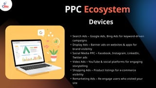 • Search Ads – Google Ads, Bing Ads for keyword-driven
campaigns
• Display Ads – Banner ads on websites & apps for
brand visibility
• Social Media PPC – Facebook, Instagram, LinkedIn,
Twitter ads
• Video Ads – YouTube & social platforms for engaging
storytelling
• Shopping Ads – Product listings for e-commerce
visibility
• Remarketing Ads – Re-engage users who visited your
site
PPC Ecosystem
Devices
 