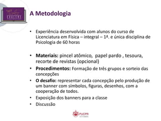 A Metodologia
• Experiência desenvolvida com alunos do curso de
Licenciatura em Física – integral – 1ª. e única disciplina de
Psicologia de 60 horas
• Materiais: pincel atômico, papel pardo , tesoura,
recorte de revistas (opcional)
• Procedimentos: Formação de três grupos e sorteio das
concepções
• O desafio: representar cada concepção pelo produção de
um banner com símbolos, figuras, desenhos, com a
cooperação de todos.
• Exposição dos banners para a classe
• Discussão
 