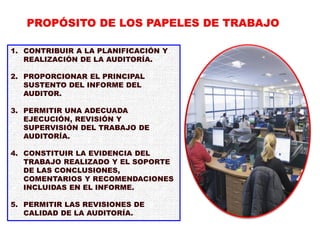 PROPÓSITO DE LOS PAPELES DE TRABAJO
1. CONTRIBUIR A LA PLANIFICACIÓN Y
REALIZACIÓN DE LA AUDITORÍA.
2. PROPORCIONAR EL PRINCIPAL
SUSTENTO DEL INFORME DEL
AUDITOR.
3. PERMITIR UNA ADECUADA
EJECUCIÓN, REVISIÓN Y
SUPERVISIÓN DEL TRABAJO DE
AUDITORÍA.
4. CONSTITUIR LA EVIDENCIA DEL
TRABAJO REALIZADO Y EL SOPORTE
DE LAS CONCLUSIONES,
COMENTARIOS Y RECOMENDACIONES
INCLUIDAS EN EL INFORME.
5. PERMITIR LAS REVISIONES DE
CALIDAD DE LA AUDITORÍA.
 