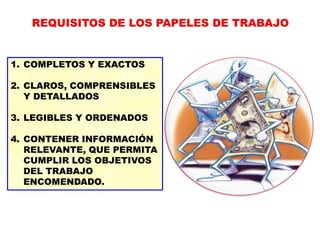 1. COMPLETOS Y EXACTOS
2. CLAROS, COMPRENSIBLES
Y DETALLADOS
3. LEGIBLES Y ORDENADOS
4. CONTENER INFORMACIÓN
RELEVANTE, QUE PERMITA
CUMPLIR LOS OBJETIVOS
DEL TRABAJO
ENCOMENDADO.
REQUISITOS DE LOS PAPELES DE TRABAJO
 