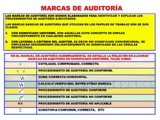 MARCAS DE AUDITORÍA
LAS MARCAS DE AUDITORÍA SON SIGNOS ELABORADOS PARA IDENTIFICAR Y EXPLICAR LOS
PROCEDIMIENTOS DE AUDITORÍA EJECUTADOS.
LAS MARCAS BÁSICAS DE AUDITORÍA QUE UTILIZAN EN LOS PAPELES DE TRABAJO SON DE DOS
CLASES:
1. CON SIGNIFICADO UNIFORME, SON AQUELLAS CUYO CONCEPTO SE EMPLEA
FRECUENTEMENTE EN CUALQUIER AUDITORÍA.
2. CON LEYENDA A CRITERIO DEL AUDITOR, ES DECIR SIN SIGNIFICADO CONVENCIONAL. SE
EMPLEARÁN DESCRIBIENDO OBLIGATORIAMENTE SU SIGNIFICADO EN LAS CÉDULAS
RESPECTIVAS.
 
