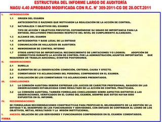 Docente Dr. Miguel Aguilar Serrano 33
33
I. INTRODUCCIÓN
1.1 ORIGEN DEL EXAMEN
ANTECEDENTES O RAZONES QUE MOTIVARON LA REALIZACIÓN DE LA ACCIÓN DE CONTROL.
1.2 NATURALEZA Y OBJETIVOS DEL EXAMEN
TIPO DE ACCIÓN Y OBJETIVOS PREVISTOS, EXPONIÉNDOSE SU GRADO DE IMPORTANCIA PARA LA
ENTIDAD, INCLUYENDO PRECISIONES RESPECTO DEL NIVEL DE CUMPLIMIENTO ALCANZADO.
1.3 ALCANCE DEL EXAMEN
1.4 ANTECEDENTES Y BASE LEGAL DE LA ENTIDAD
1.5 COMUNICACIÓN DE HALLAZGOS DE AUDITORÍA
1.6 MEMORÁNDUM DE CONTROL INTERNO
1.7 OTROS ASPECTOS DE IMPORTANCIA: RECONOCIMIENTO DE LIMITACIONES Y/O LOGROS; ADOPCIÓN DE
CORRECTIVOS DURANTE LA ACCIÓN DE CONTROL POR LA ADMINISTRACIÓN; ASUNTOS IMPORTANTES QUE
REQUIEREN UN TRABAJO ADICIONAL; EVENTOS POSTERIORES.
II. OBSERVACIONES
2.1 SUMILLA
2.2 ELEMENTOS DE LA OBSERVACIÓN: CONDICIÓN, CRITERIO, CAUSA Y EFECTO.
2.3 COMENTARIOS Y/O ACLARACIONES DEL PERSONAL COMPRENDIDO EN EL EXAMEN.
2.4 EVALUACIÓN DE LOS COMENTARIOS Y/O ACLARACIONES PRESENTADOS.
III. CONCLUSIONES
3.1 LA COMISIÓN AUDITORA DEBERÁ EXPRESAR LOS JUICIOS DE CARÁCTER PROFESIONAL, BASADOS EN LAS
OBSERVACIONES ESTABLECIDAS COMO RESULTADO DE LA ACCIÓN DE CONTROL PRACTICADA.
3.2 LA COMISIÓN AUDITORA, TAMBIÉN FORMULARÁ CONCLUSIONES SOBRE ASPECTOS DISTINTOS A LAS
OBSERVACIONES, VERIFICADOS EN EL CURSO DEL EXAMEN, SIEMPRE QUE ESTOS HAYAN SIDO
EXPUESTOS EN EL INFORME.
IV. RECOMENDACIONES
SE FORMULARAN RECOMENDACIONES CONSTRUCTIVAS PARA PROPICIAR EL MEJORAMIENTO DE LA GESTIÓN DE LA
ENTIDAD Y EL DESEMPEÑO DE LOS FUNCIONARIOS Y SERVIDORES, CON ÉNFASIS DE CONTRIBUIR AL LOGRO DE LOS
OBJETIVOS, METAS, RESULTADOS Y LA MISIÓN INSTITUCIONAL.
I. ANEXOS: RELACIÓN DE LOS SERVIDORES Y FUNCIONARIOS COMPRENDIDOS EN EL EXAMEN/ COMENTARIOS.
FIRMA
 