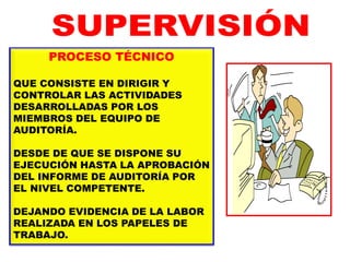 PROCESO TÉCNICO
QUE CONSISTE EN DIRIGIR Y
CONTROLAR LAS ACTIVIDADES
DESARROLLADAS POR LOS
MIEMBROS DEL EQUIPO DE
AUDITORÍA.
DESDE DE QUE SE DISPONE SU
EJECUCIÓN HASTA LA APROBACIÓN
DEL INFORME DE AUDITORÍA POR
EL NIVEL COMPETENTE.
DEJANDO EVIDENCIA DE LA LABOR
REALIZADA EN LOS PAPELES DE
TRABAJO.
 